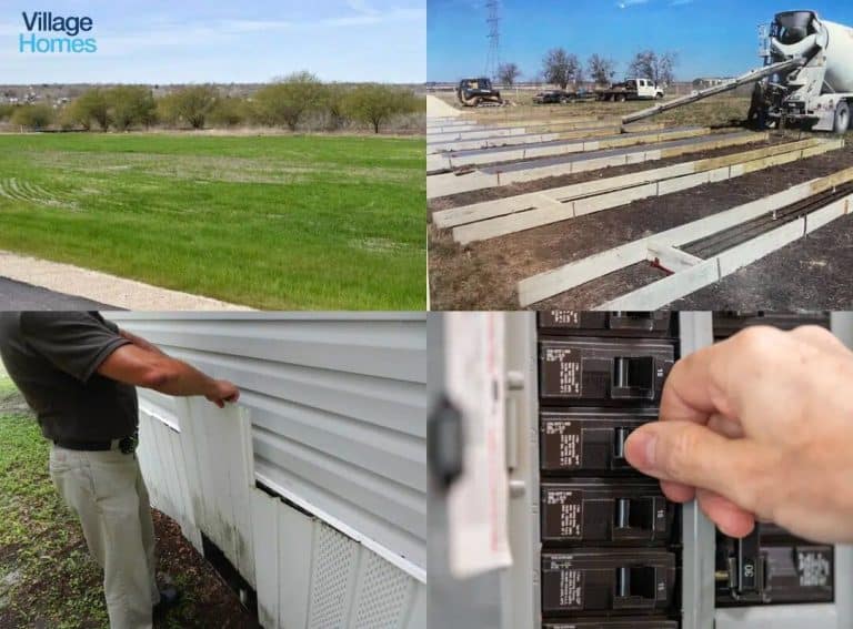 Collage of a grassy field, construction site with concrete beams, Village Homes Austin team member working on building siding and a hand on a circuit breaker.